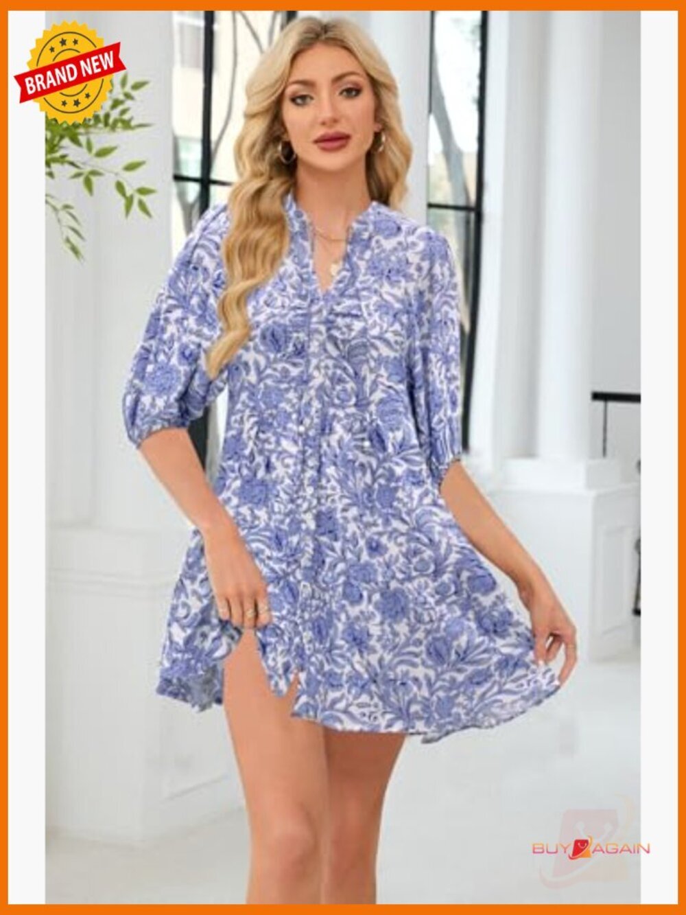 Floral Boho Shift Dress Casual V Neck Puff Sleeve Flowy Mini Dress - Picture 3 of 7
